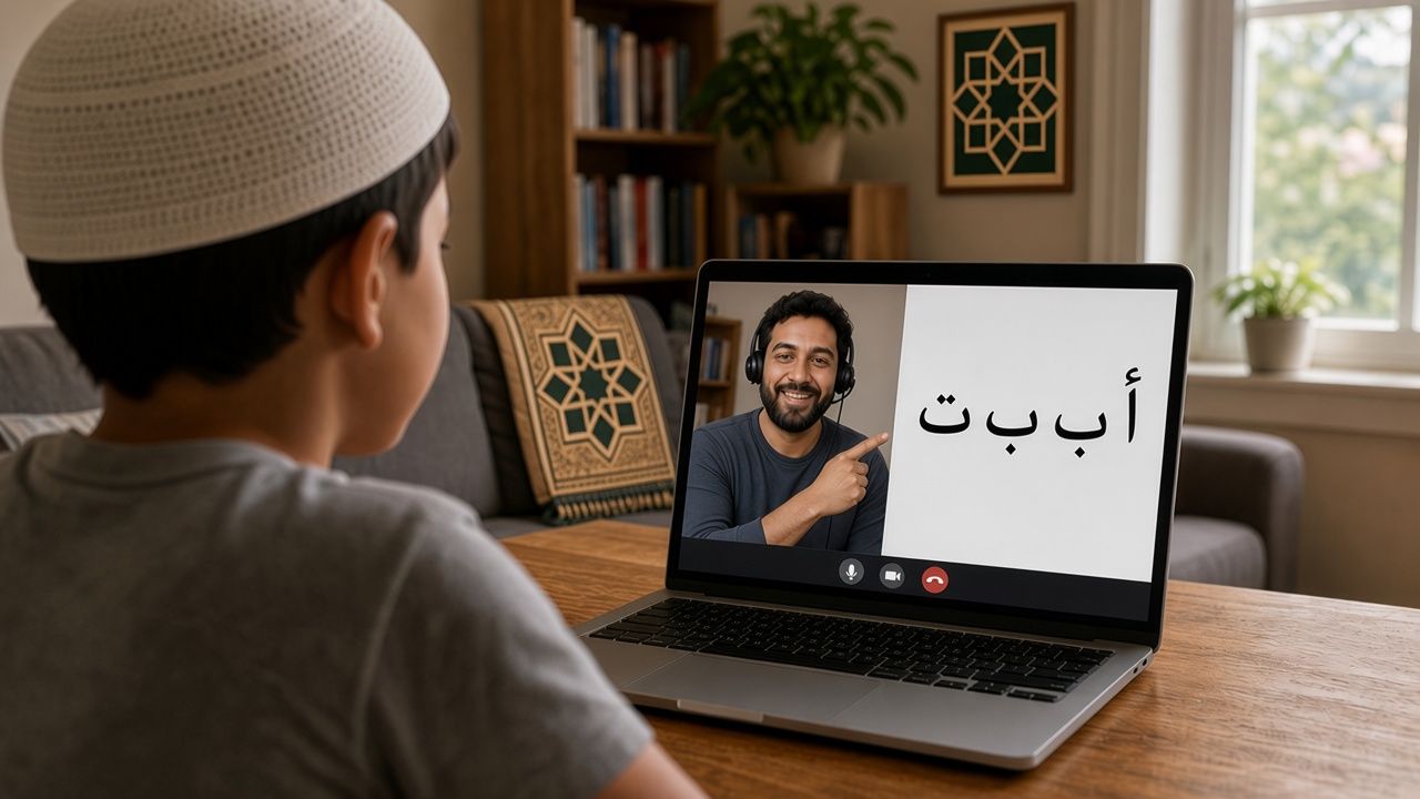 A boy in a kufi at home learning Arabic on a laptop while his male teacher teaches live on a video call, with the Arabic letters أ ب ت shared on screen